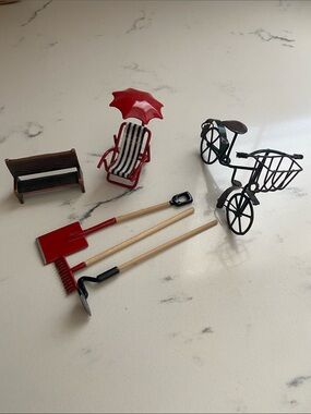 Miniature Garden Decor Lot Metal Bicycle Bench Chair & Tools